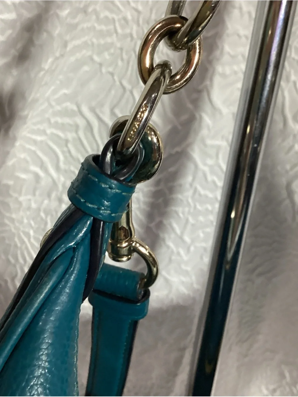 COACH Teal Pebbled Leather Harley East West Hobo Bag with Charm & Long Strap EUC
